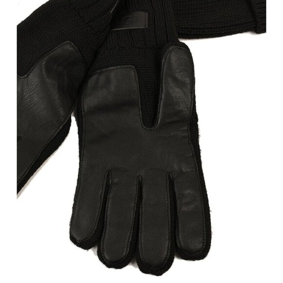 UGG Mens Black Ribbed Knit Beanie Leather Palm Patch Tech Glove Set L/XL NWT - Picture 2 of 3